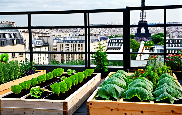 Urban Garden Oasis**
A vibrant rooftop garden in Paris, overflowing with vegetables, herbs, and flowers in raised beds and vertical planters. Focus on the diversity of plants and the innovative use of space. In the background, the iconic Parisian skyline with the Eiffel Tower.
*Prompt:* "Urban rooftop garden, Paris, vegetable garden, herbs, flowers, raised beds, vertical planters, Eiffel Tower in background, abundant, vibrant, sustainable gardening, safe for work, appropriate content, fully clothed, professional, modest, perfect anatomy, natural proportions."
**
