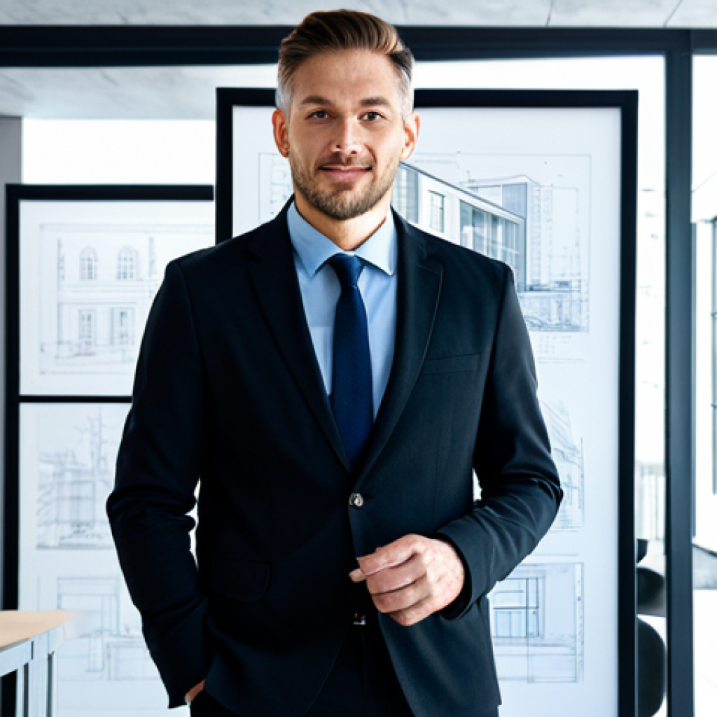 **

A professional architect, fully clothed in a stylish, yet modest, dark blazer and slacks, stands in front of a modern, sustainable building design. The setting is a brightly lit architectural studio with blueprints and models in the background. Appropriate attire, safe for work, perfect anatomy, correct proportions, well-formed hands, natural pose, professional, high resolution, detailed textures, family-friendly.

**