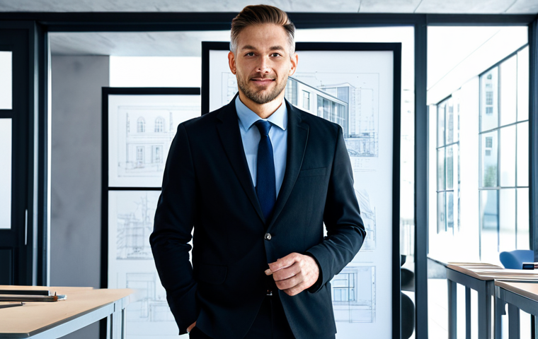 **

A professional architect, fully clothed in a stylish, yet modest, dark blazer and slacks, stands in front of a modern, sustainable building design. The setting is a brightly lit architectural studio with blueprints and models in the background. Appropriate attire, safe for work, perfect anatomy, correct proportions, well-formed hands, natural pose, professional, high resolution, detailed textures, family-friendly.

**
