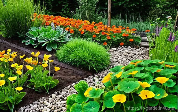 원예 전문가가 자주 사용하는 용어 해설 - **Mulching for a Thriving Garden:**
    A vibrant, sun-drenched organic vegetable garden in a rural ...