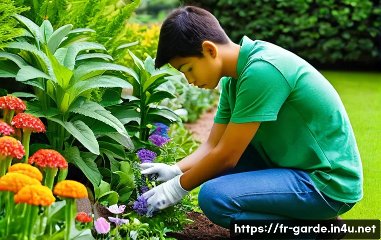 원예사 자격증 합격률 높이는 비법 - **Image Prompt: Young Gardener Identifying Plants**
A bright, sunny outdoor scene featuring a fo...