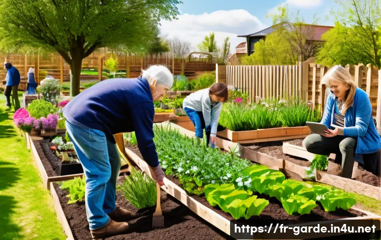 원예 전문가의 프로젝트 관리 노하우 - A detailed, vibrant community garden scene in early spring, showing a diverse group of gardeners of ...