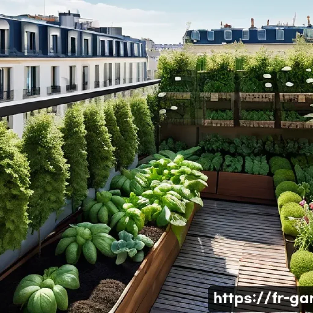 원예 관련 산업의 최신 동향 - A modern urban garden scene in a French city, showcasing a variety of connected soil moisture and te...