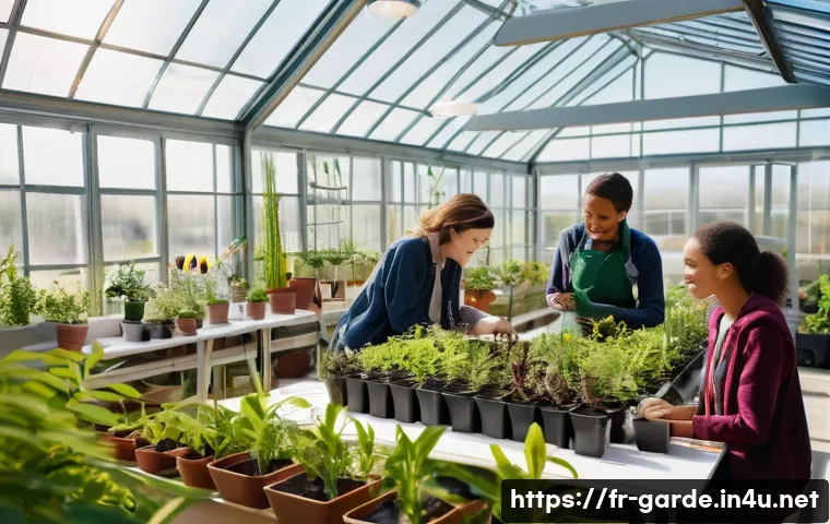 원예 자격증 취득을 위한 스터디 그룹 활용법 - A diverse group of French horticulture students studying together in a bright, modern greenhouse cla...