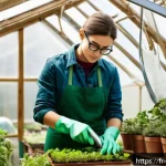 원예사 실기 시험장 꿀팁 모음 - A focused young adult gardener preparing for a practical exam in a bright, well-organized greenhouse...