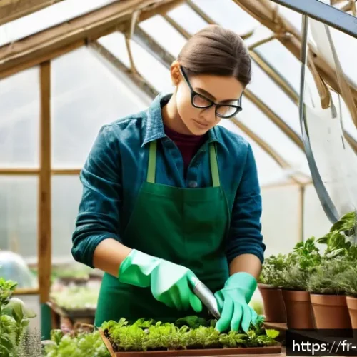 원예사 실기 시험장 꿀팁 모음 - A focused young adult gardener preparing for a practical exam in a bright, well-organized greenhouse...