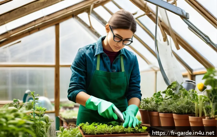 원예사 실기 시험장 꿀팁 모음 - A focused young adult gardener preparing for a practical exam in a bright, well-organized greenhouse...