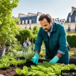 원예 자격증 취득 후 프리랜서로 성공한 사례 - A professional French horticulturist consulting with clients in a modern urban garden setting in Par...