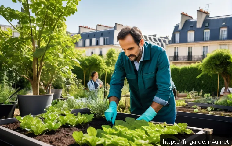 원예 자격증 취득 후 프리랜서로 성공한 사례 - A professional French horticulturist consulting with clients in a modern urban garden setting in Par...