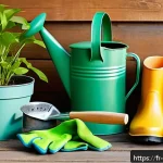 원예사 실기 시험 꿀팁 - A well-organized gardening workspace for an exam setting, featuring clean, sharp pruning shears, a s...