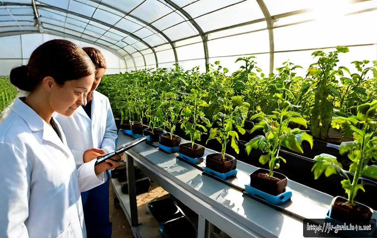 원예학과 관련된 최신 연구 주제 - Photorealistic horticultural research greenhouse in France, a diverse team of scientists studying cl...